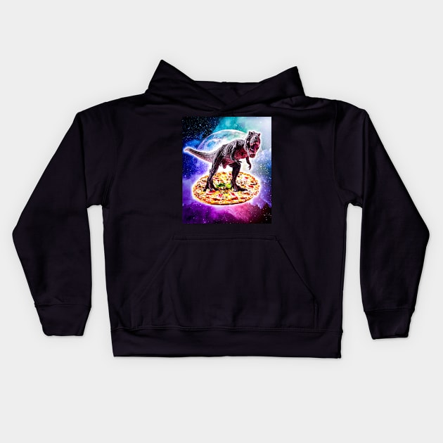 Tyrannosaurus Rex Dinosaur Riding Pizza In Space Kids Hoodie by Random Galaxy